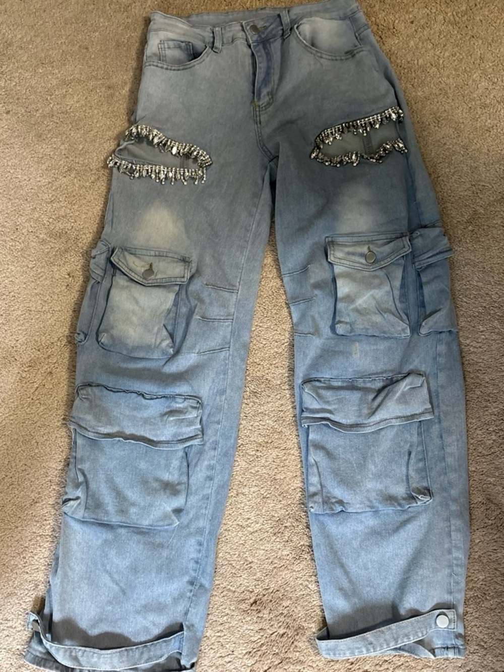 Light Blue Women's Cargo Jeans with Beaded Distressed Detail